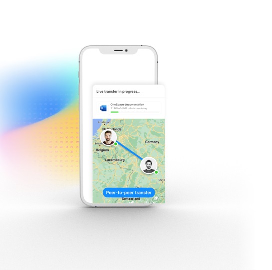 OneSpace live transfer on iPhone: a real peer-to-peer transfer on the map, from the Netherlands to Germany